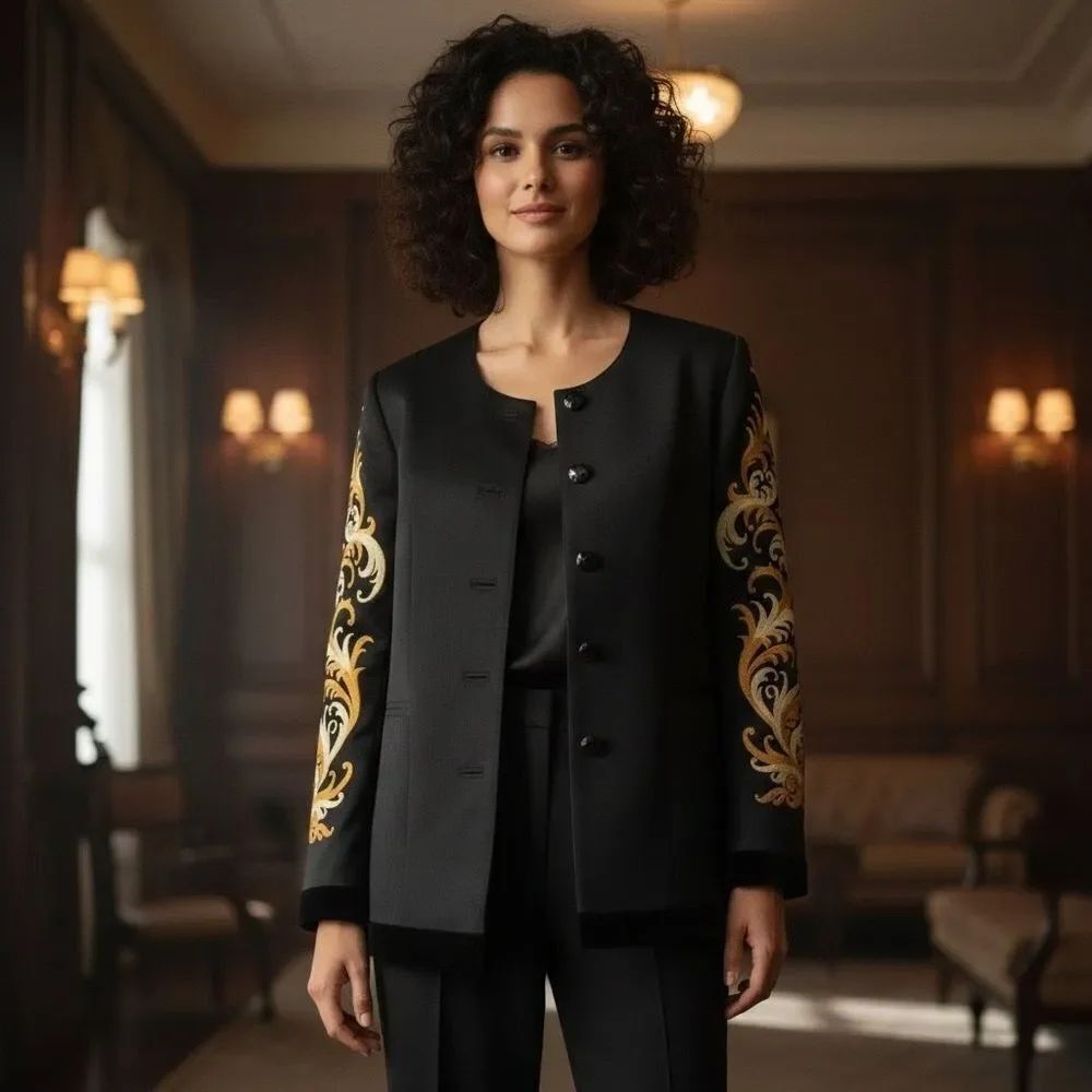 Max Nugus Haute Couture Style Black Silk & Velvet Jacket – Gold Baroque Size M